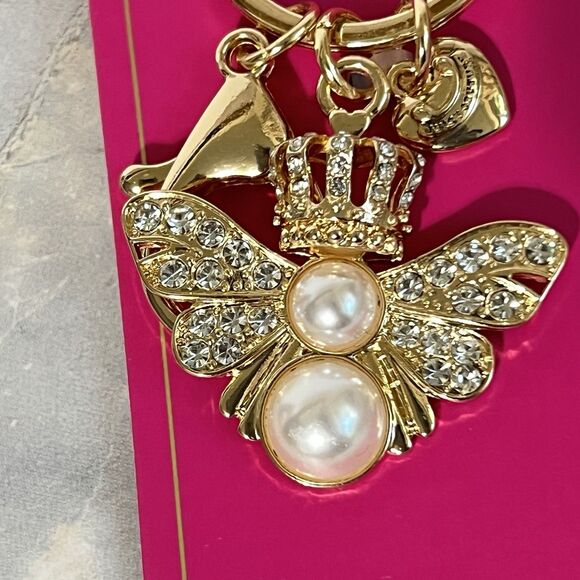 RARE Juicy Couture Queen Bee Pearl Keychain Bag Charm Gold Rhinestone BLING - Picture 4 of 16